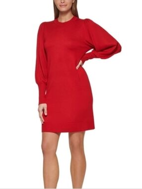 Vince Camuto Red Long-Sleeve Puff-Sleeve Knit Dress